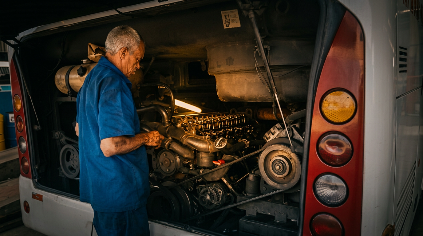 Manutenção em motor diesel de ônibus